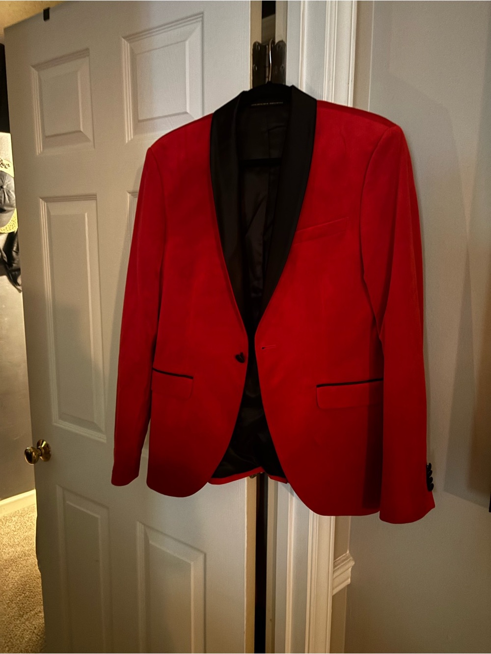 Zara Red Velvet Shawl-Collar Blazer with Black Trim
